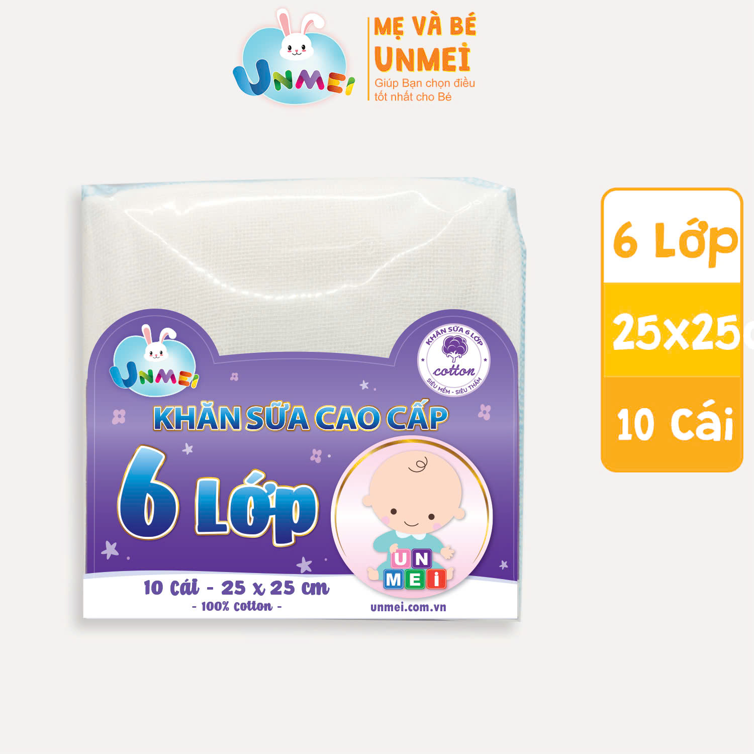 Khăn Sữa UNMEI Cao Cấp 6 Lớp Sợi Mịn 100% Cotton Cho Bé Từ Sơ Sinh (Kích Thước 25x25cm)