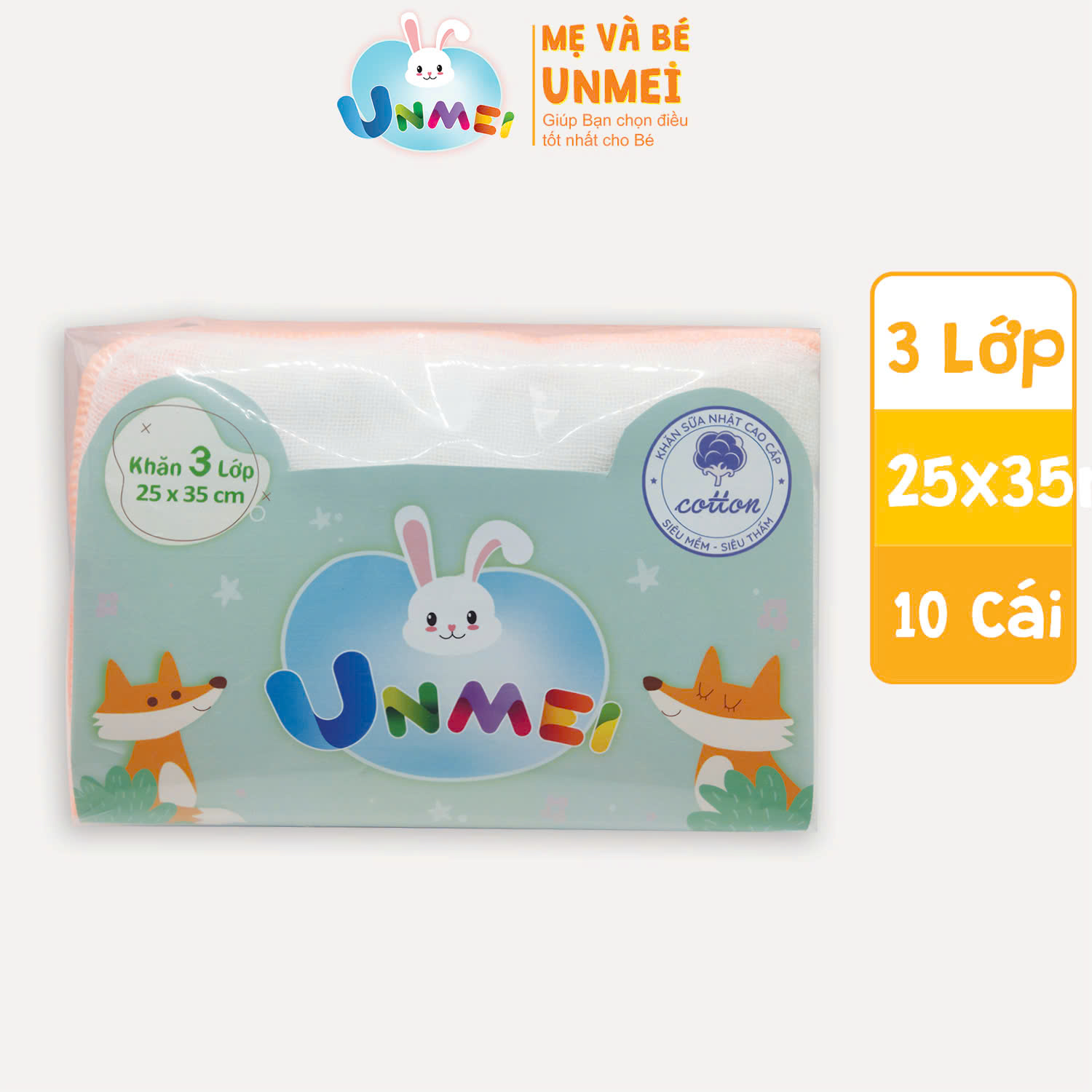 Bịch 10 Cái Khăn Sữa UNMEI Xuất Nhật 3 Lớp Kích Thước 25x35cm