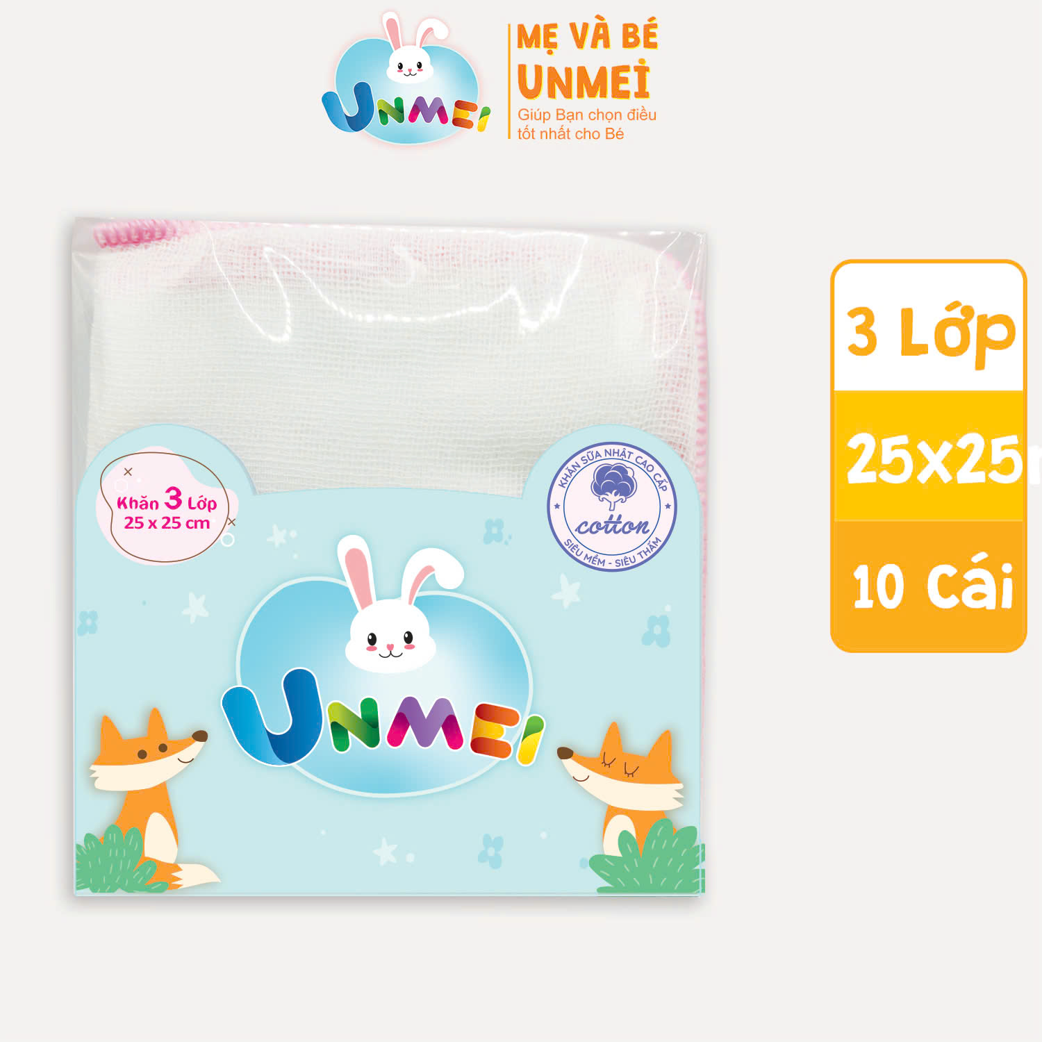Bịch 10 Cái Khăn Sữa UNMEI Xuất Nhật 3 Lớp Kích Thước 25x25cm