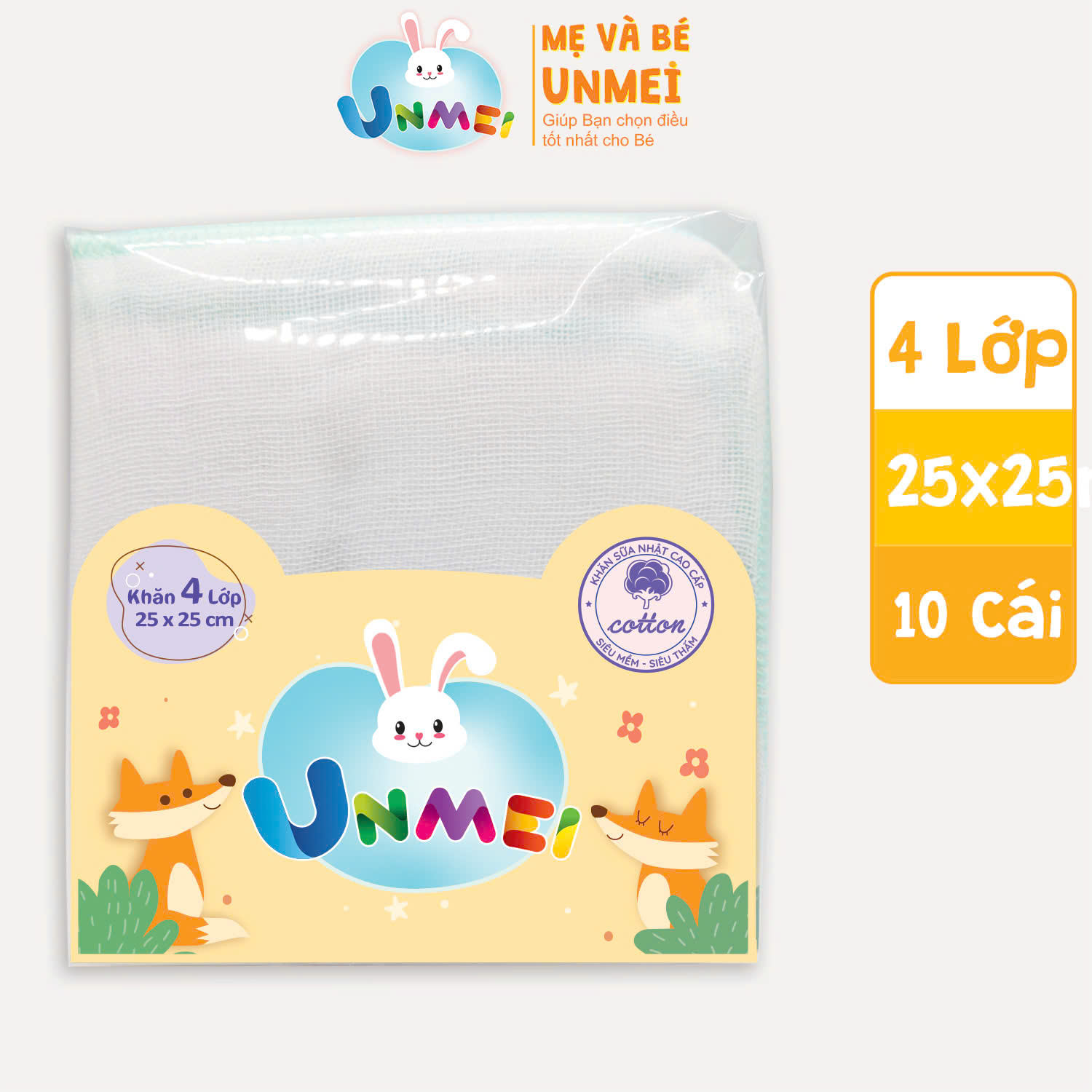 Khăn sữa UNMEI 4 lớp xuất Nhật – siêu mềm, siêu thấm (25x25cm)