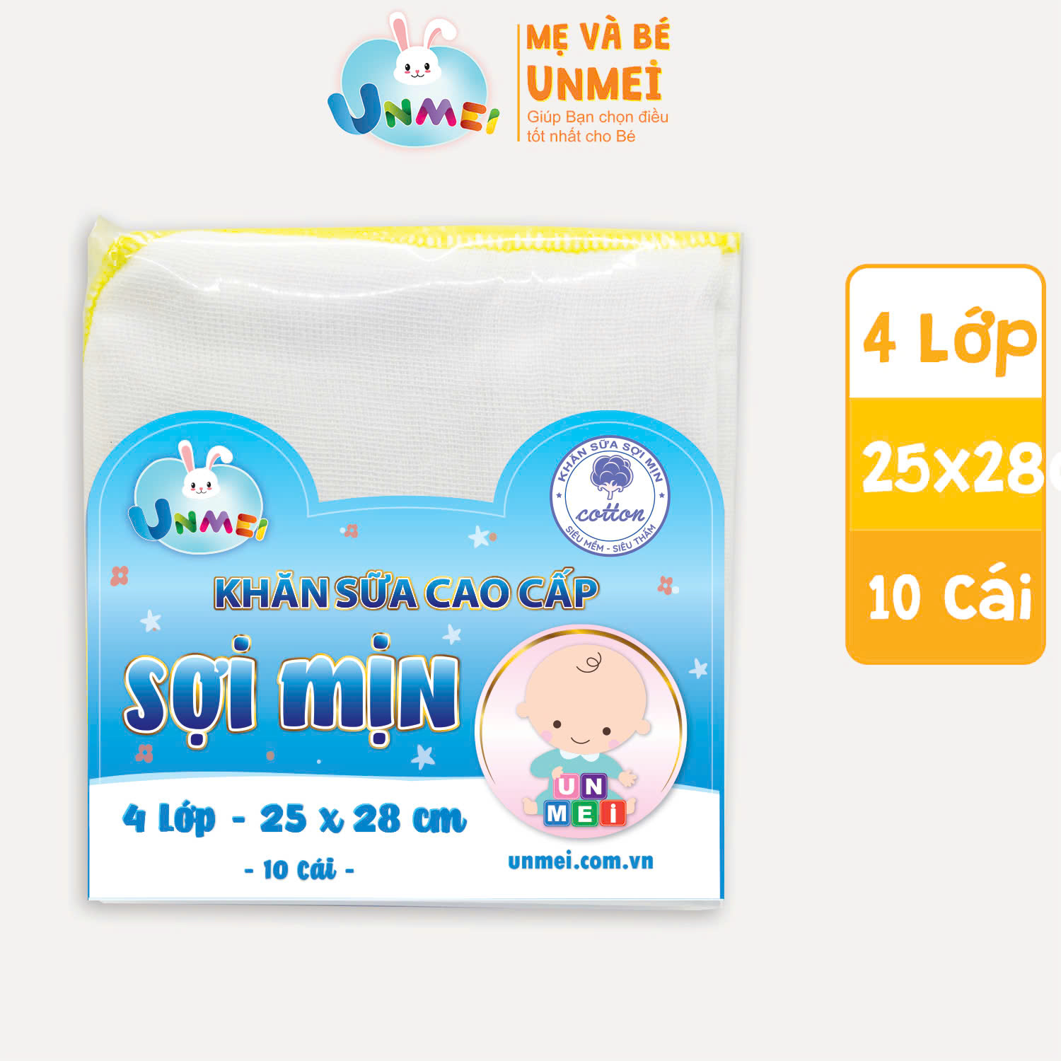 Khăn Sữa Unmei Xuất Nhật Cao Cấp 4 Lớp Sợi Mịn 100% Cotton Cho Bé Từ Sơ Sinh (Kích Thước 25x28cm)