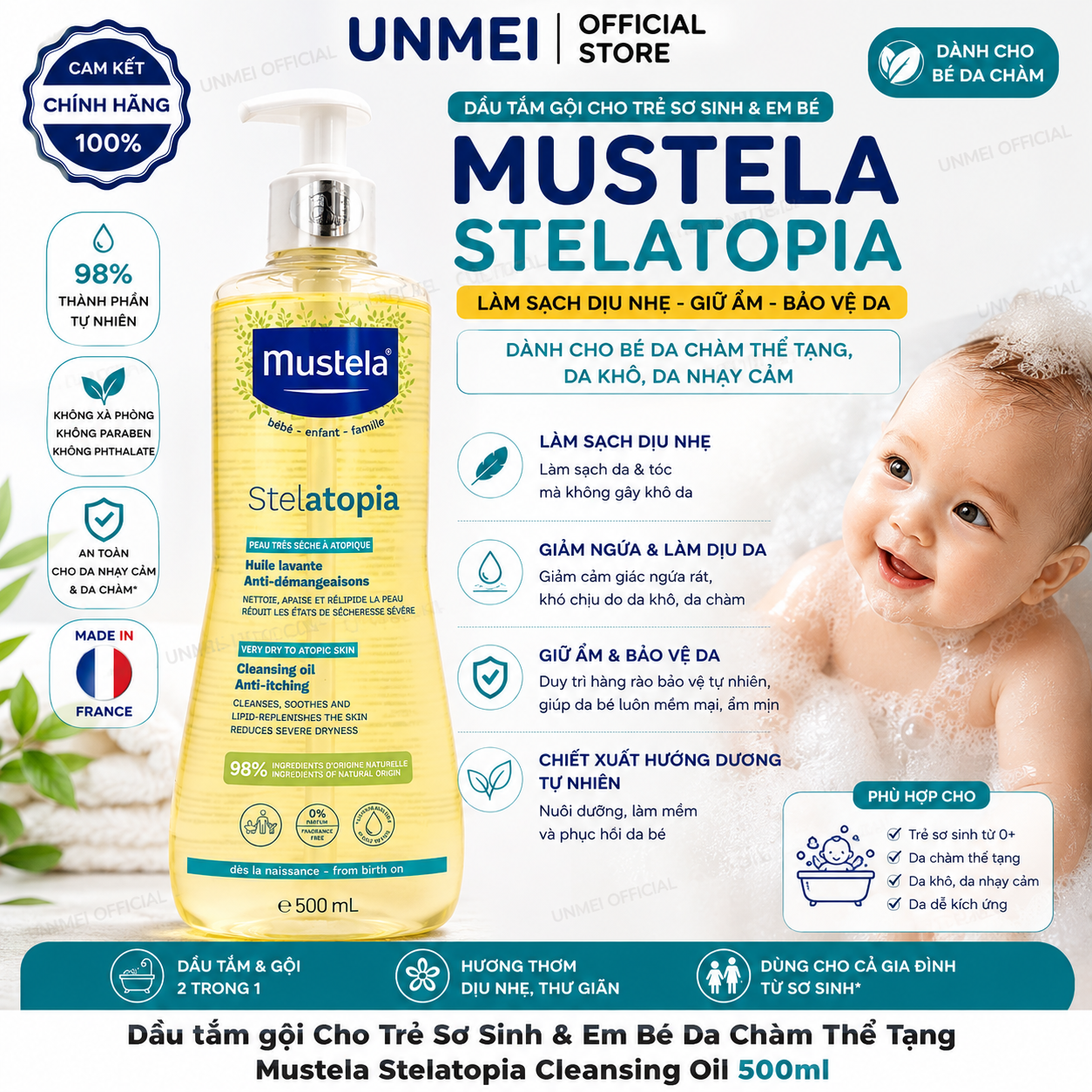 Dầu tắm gội Cho Trẻ Sơ Sinh & Em Bé Da Chàm Thể Tạng Mustela Stelatopia Cleansing Oil 500ml