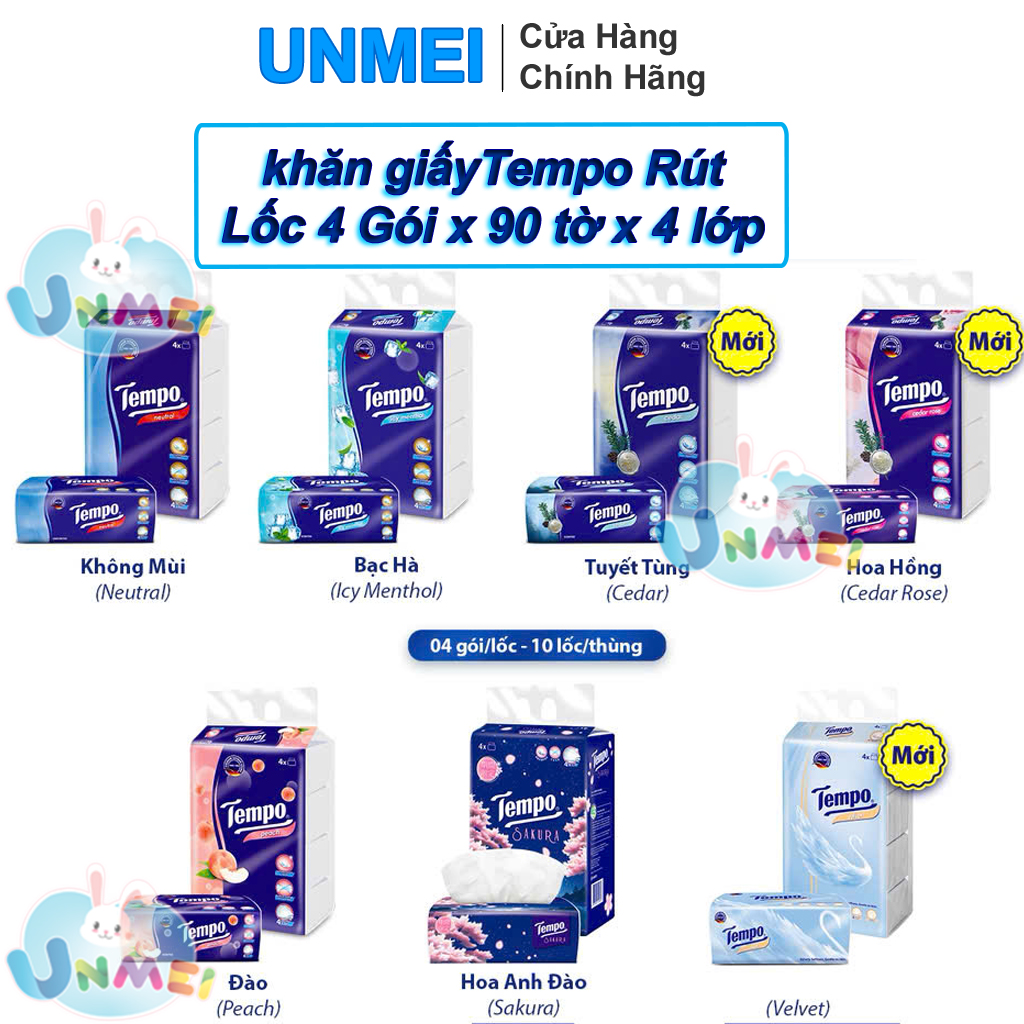 Lốc 4 Gói Khăn Giấy Tempo 4 Lớp Đào/Sakura/Lê/Chuông Gió/Tuyết Tùng (90 Tờ/ 1 Gói) Khăn Giấy rút Tempo - Hàng Chính hãng UNMEI