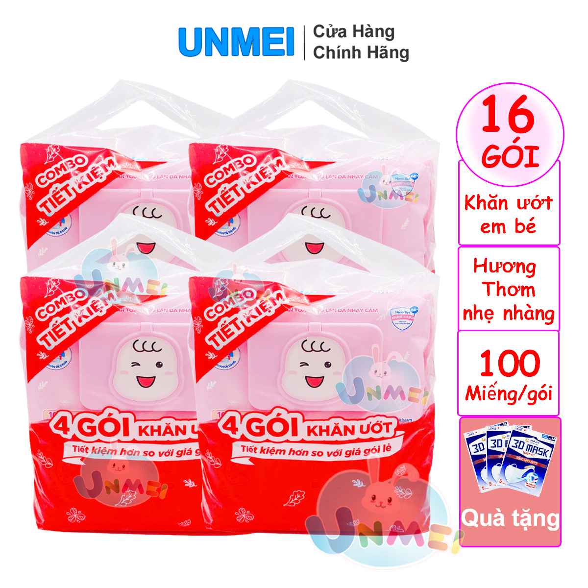 (Có quà) Thùng 16 Gói Khăn ướt Bobby Care hương thơm nhẹ nhàng 100 miếng/gói (Hồng)