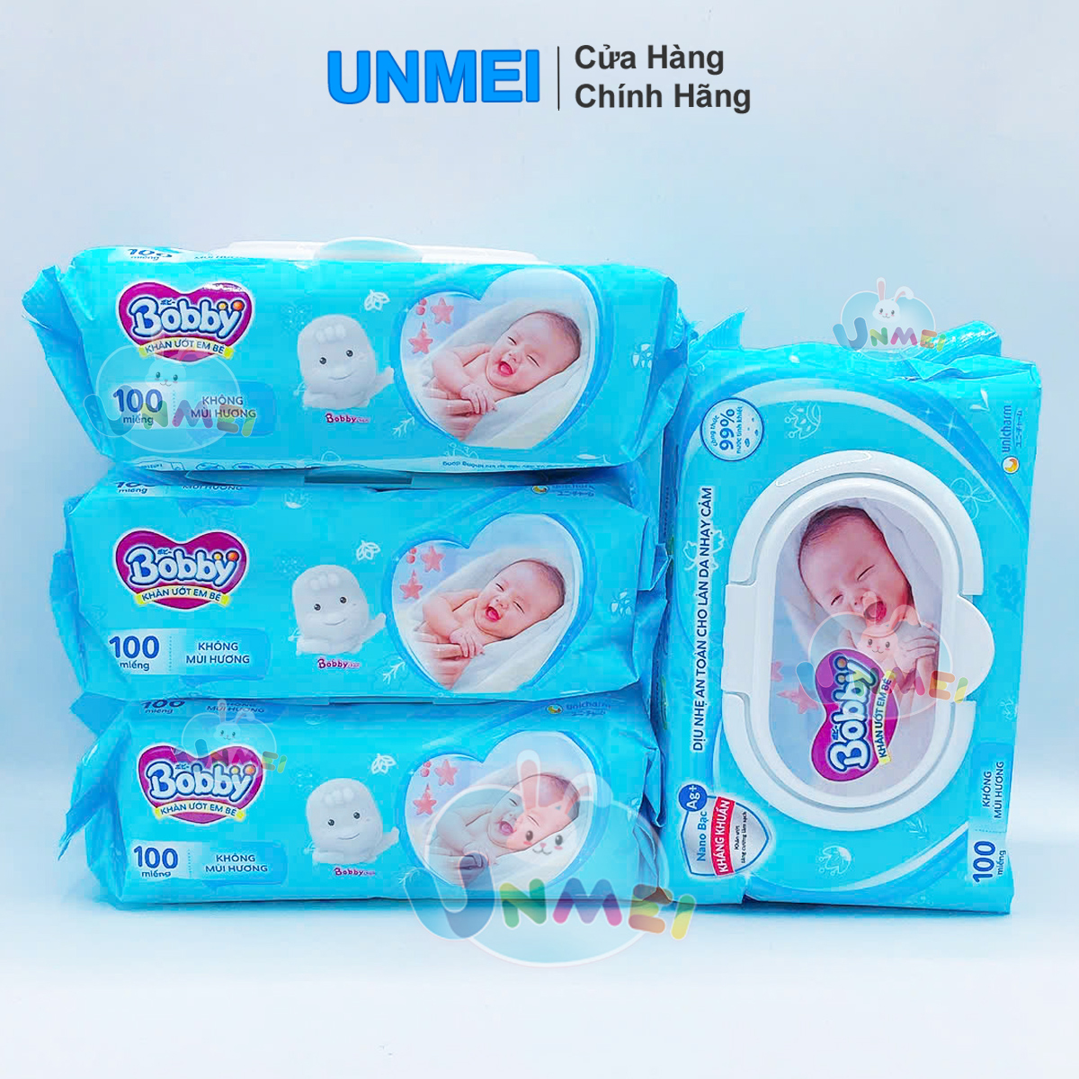 Bộ 4 gói Khăn ướt Bobby không mùi 100 tờ/gói (Xanh)