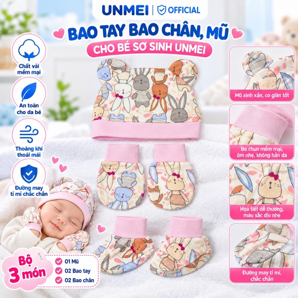 Bộ Bao Tay Bao Chân Mũ Cho Bé Sơ Sinh UNMEI Cotton/Muslin Mềm Mại Thoáng Khí, Bộ 3 Món Cho Trẻ Sơ Sinh