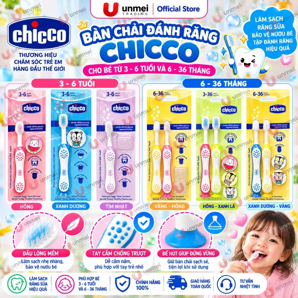 Bàn chải đánh răng Chicco đầu lông mềm mại, không xước miệng cho bé tập đánh răng và bé mầm non