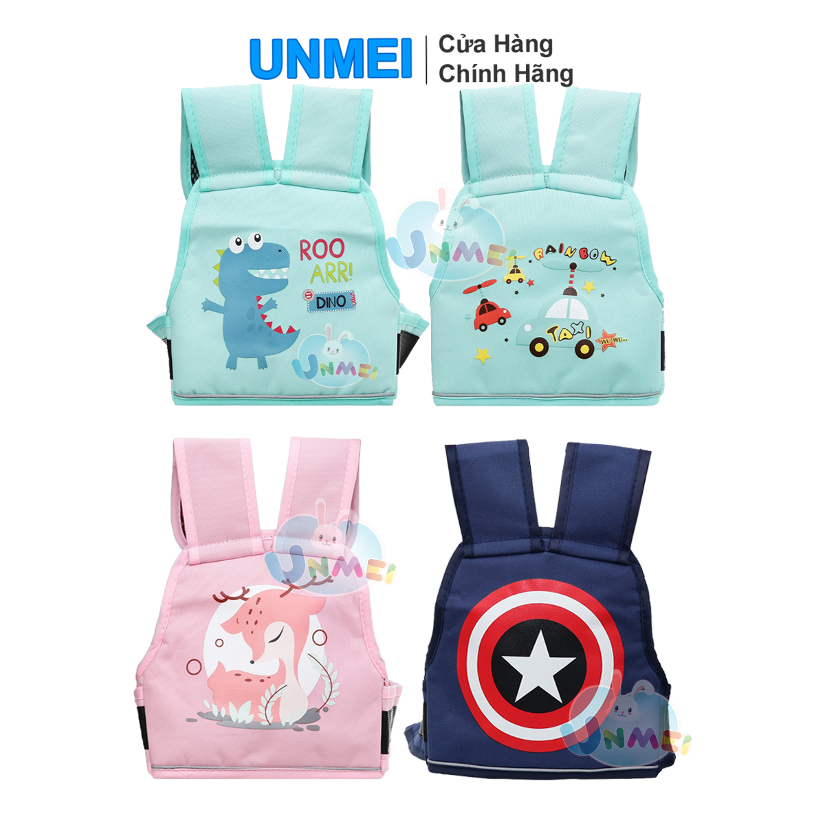 Đai An Toàn Xe Máy UNMEI Cho Bé - có Viền Phản Quang Mặt Sau - Nhiều mẫu Xanh Biển chú Dế
