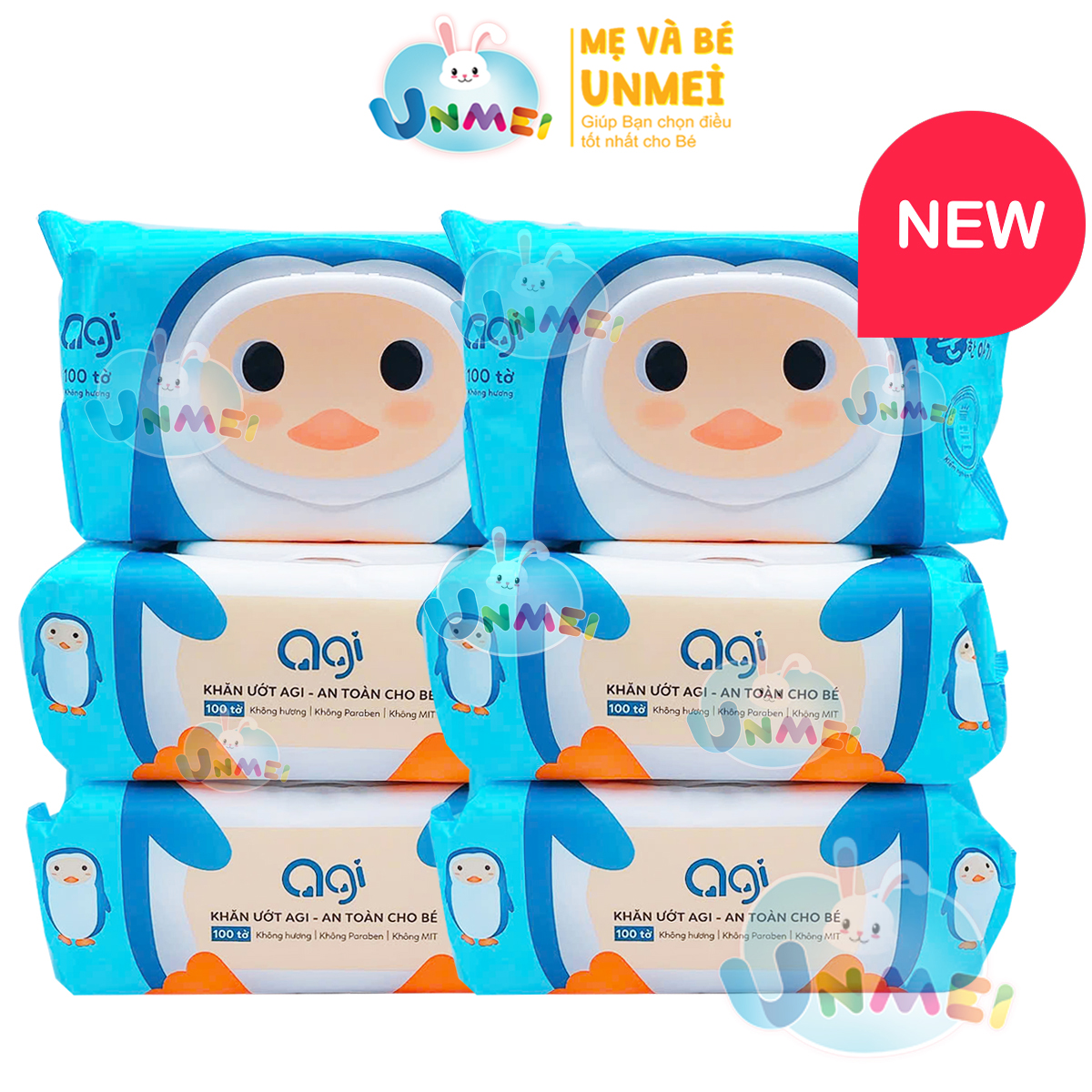Combo 6 Gói Siêu Rẻ Khăn Ướt AGI Không Hương 100 Tờ/gói Hình Chim Cánh Cụt