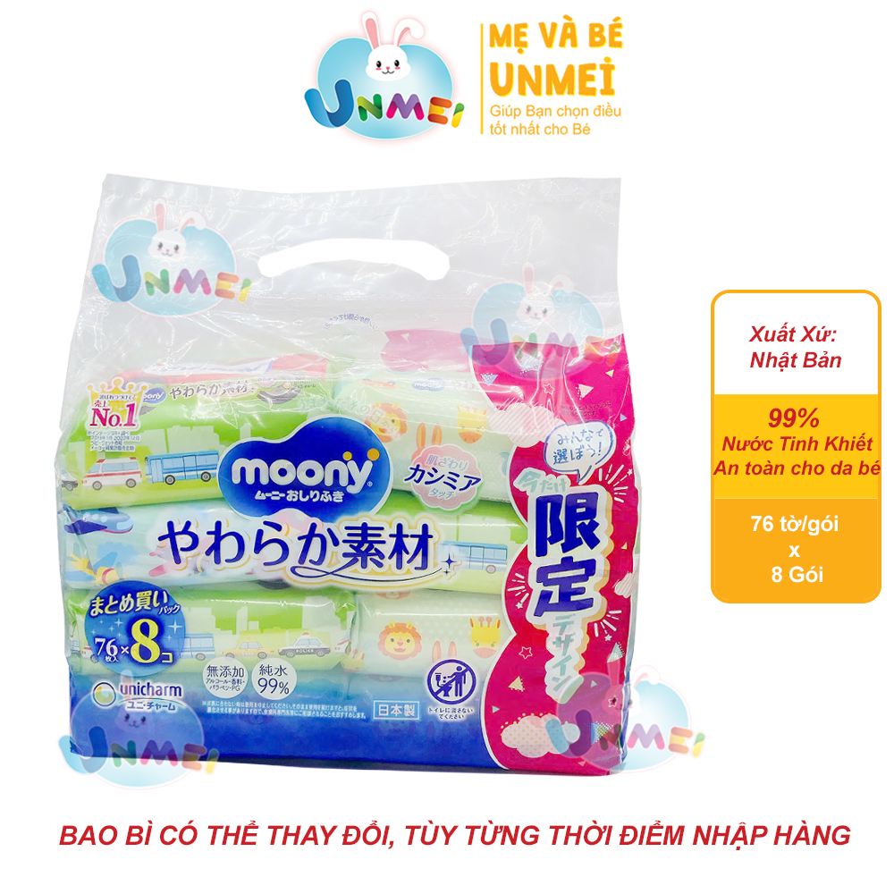 Combo 8 Gói Khăn Ướt Moony Không Mùi, Nội Địa Nhật Bản Mềm Mại 76 tờ/gói An Toàn Cho Bé Từ Sơ Sinh