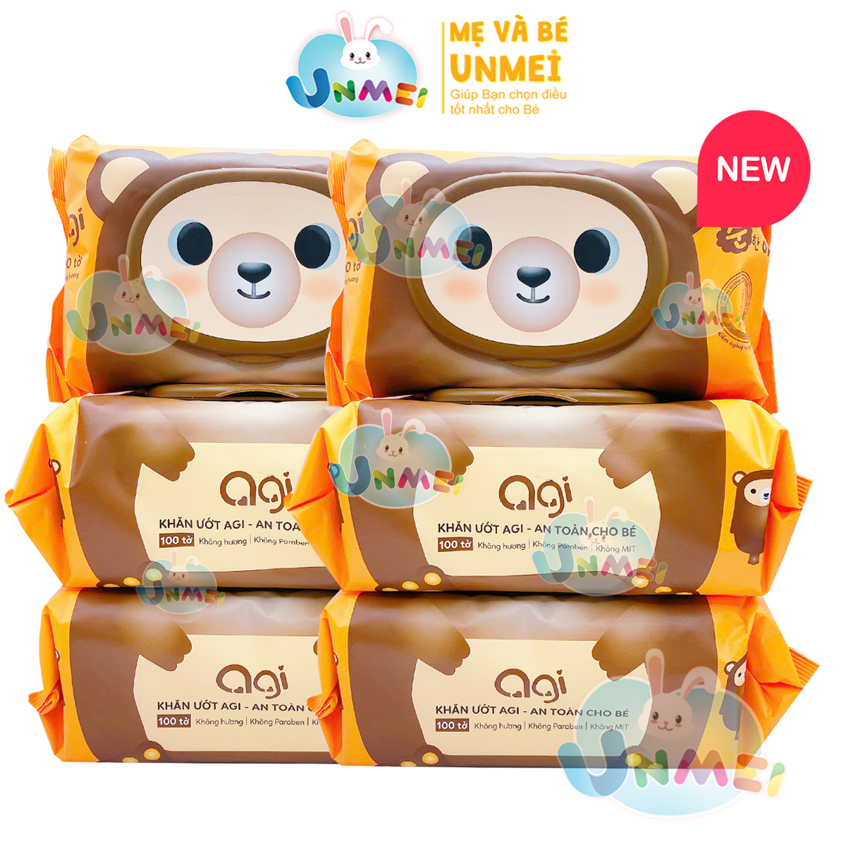 Combo 6 Gói Siêu Rẻ Khăn Ướt AGI Không Hương 100 Tờ/gói Hình Gấu nâu