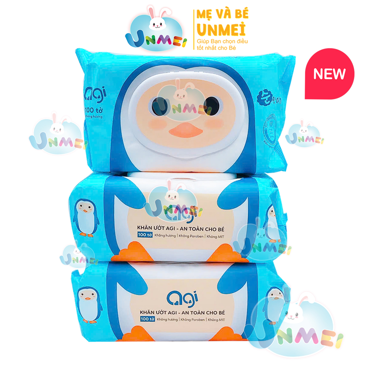 Combo 3 Gói Khăn Ướt Không Mùi AGI 100 tờ/bịch - Hình Chim Cánh Cụt