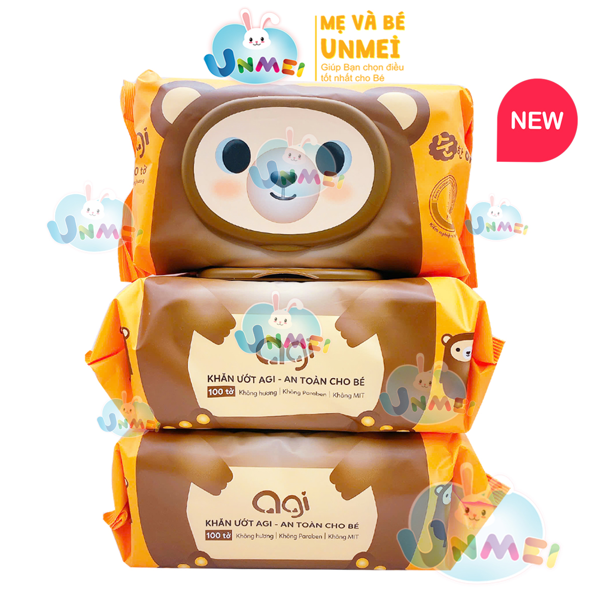 Combo 3 Gói Khăn Ướt Không Mùi AGI 100 tờ/bịch - Hình Con Gấu