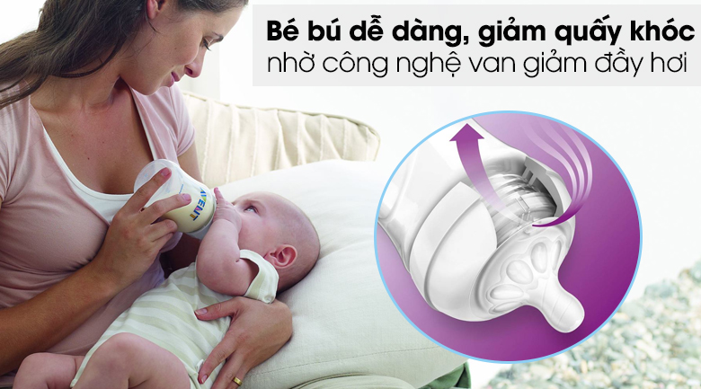 Núm ti silicone Philips Avent cho trẻ sơ sinh SCF651/23 - Công nghệ van giảm đầy hơi độc đáo
