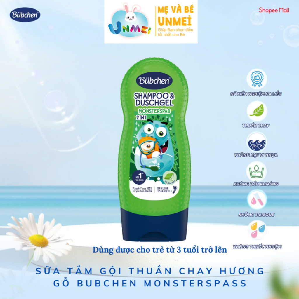 Gel tắm gội 2in1 thuần chay hương gỗ Bubchen Monsterspaß 230ml