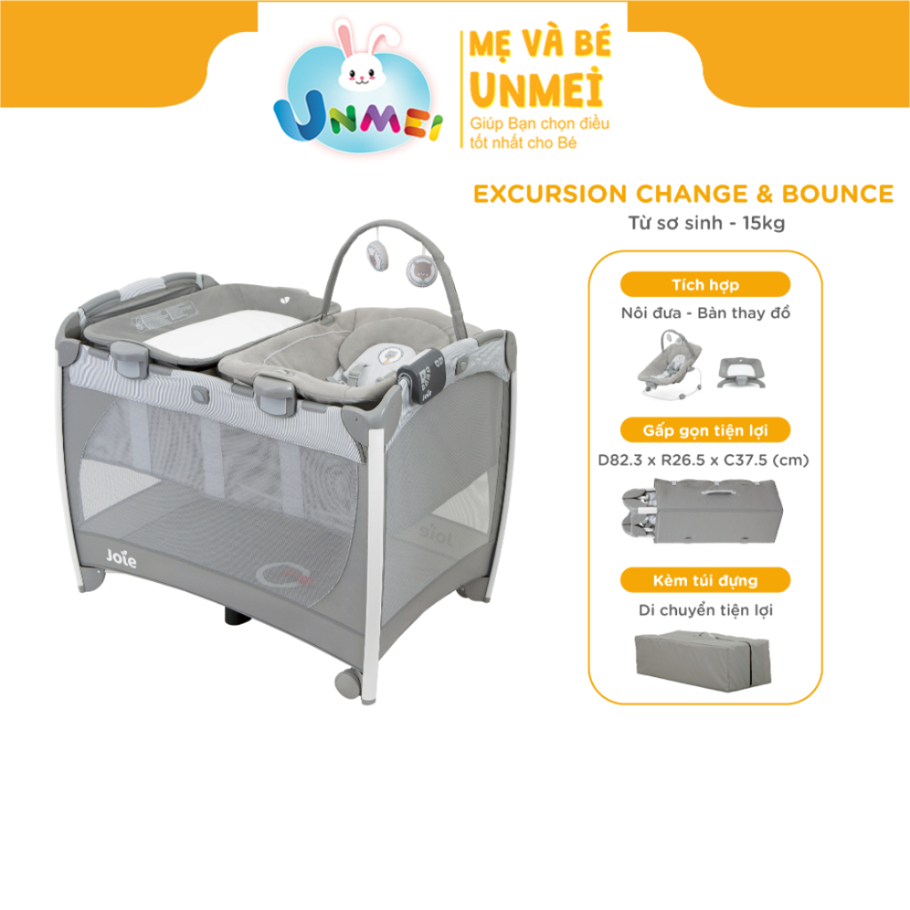 Giường cho bé Joie Excursion Change & Bounce | Cũi cho bé gấp gọn tích hợp đèn ngủ, nhạc kèm nôi cho bé