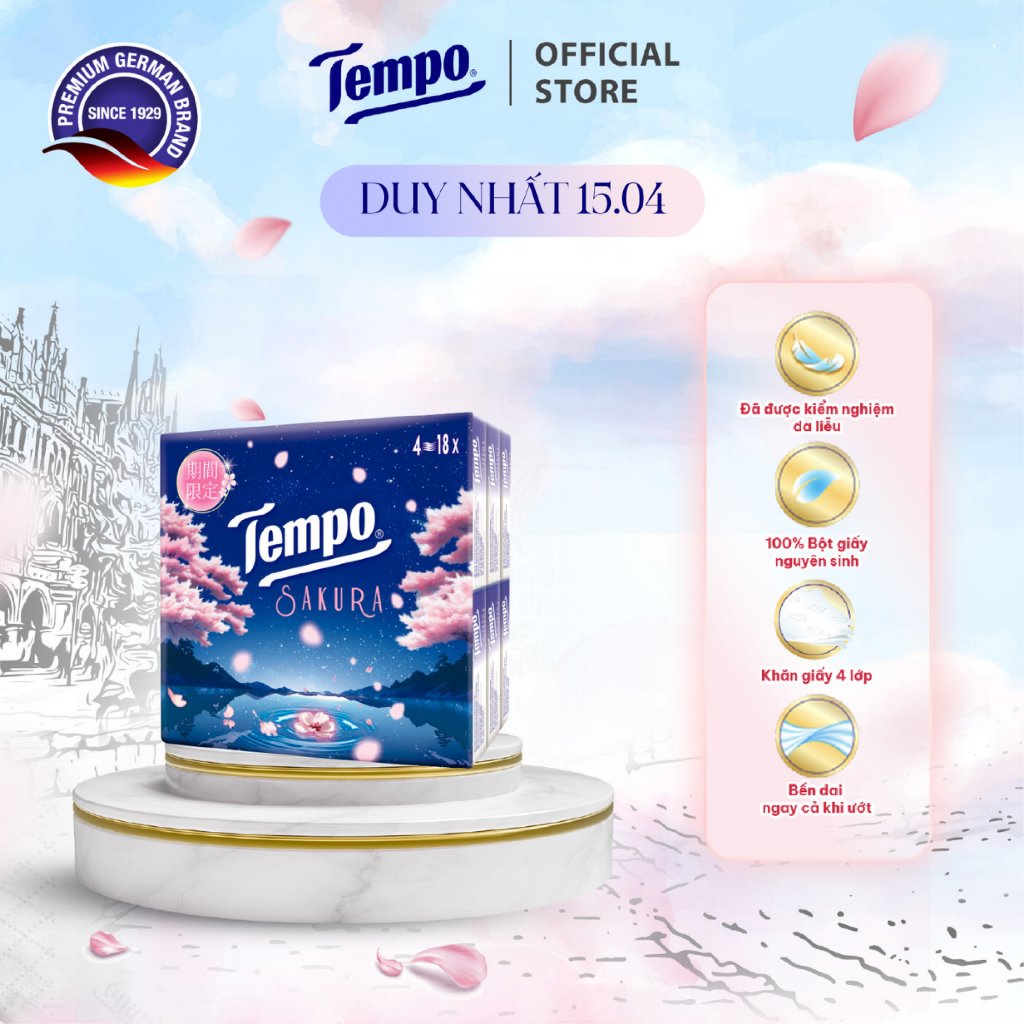 [LỐC 18 GÓI] Khăn Giấy Bỏ Túi Cao Cấp Tempo Petit Hương Sakura- 4 Lớp Bền Dai, Được Kiểm Nghiệm Da Liễu -Thương Hiệu Đức
