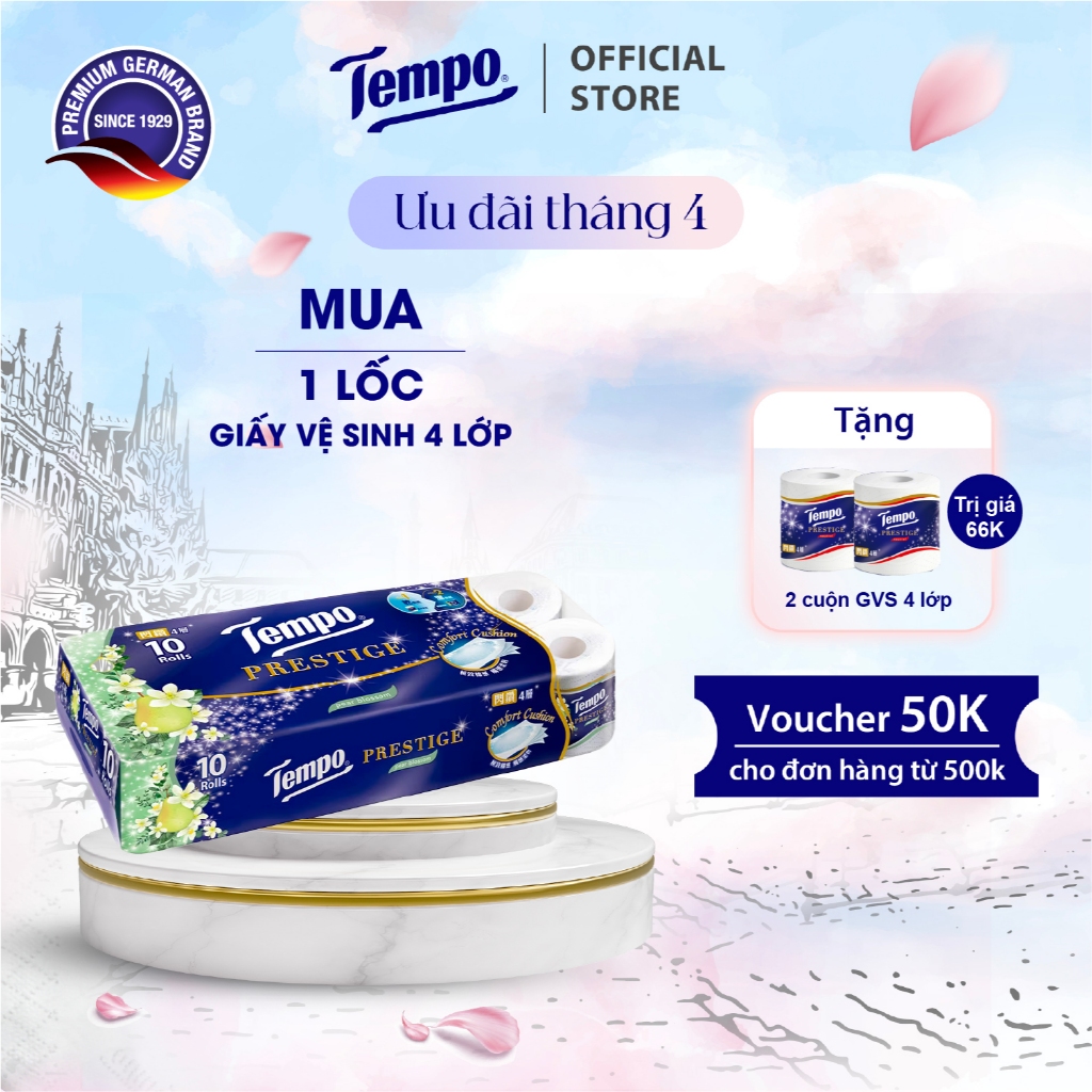 [LỐC 10 CUỘN GVS 4 LỚP PRESTIGE] Giấy Vệ Sinh Cao Cấp Prestige 4 Lớp Tempo Bền Dai Thương Hiệu Đức