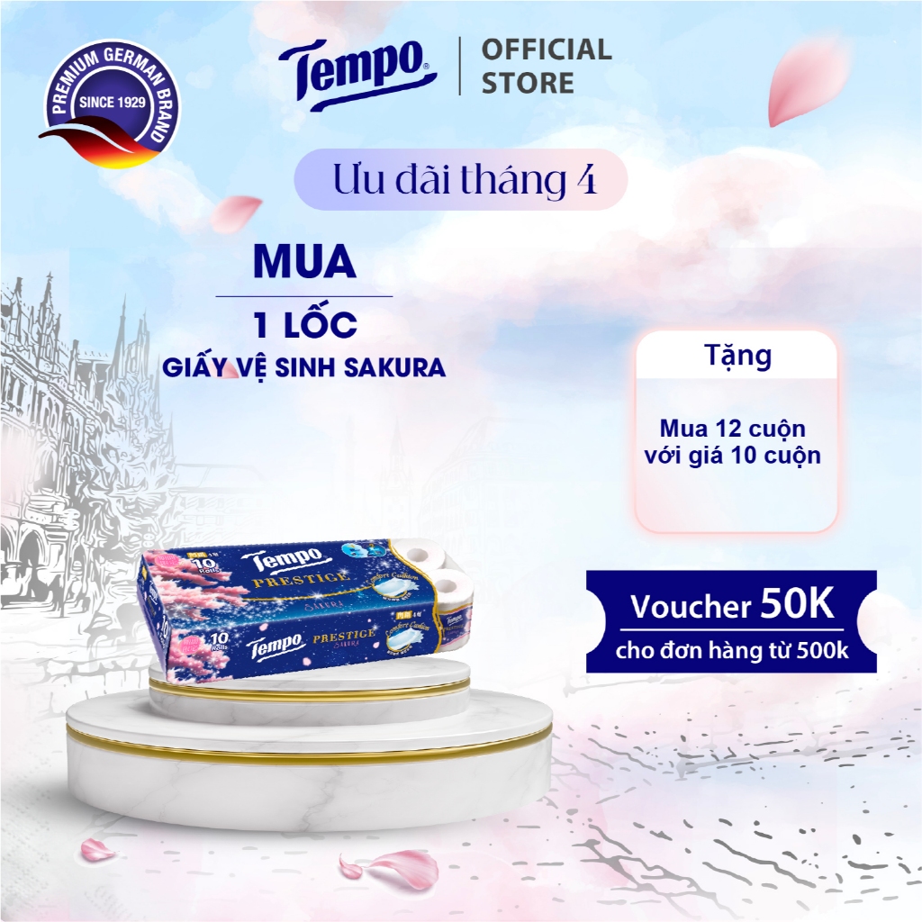 [ƯU ĐÃI LỐC 12 CUỘN GIÁ 10 CUỘN TẶNG 1 GÓI KHĂN ƯỚT] Giấy vệ sinh cao cấp Prestige Sakura Mềm Mại