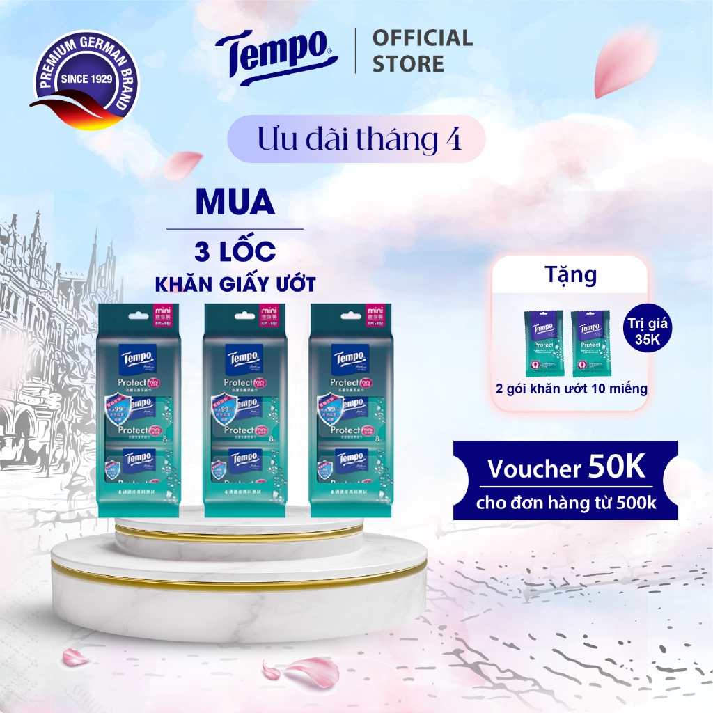 [COMBO 3 LỐC] Khăn Uớt Mini Tempo Protect Ngăn Ngừa Vi Khuẩn Cao Cấp An Toàn