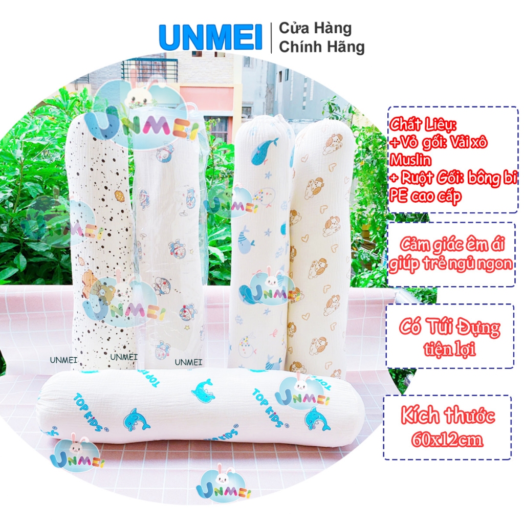 Gối Ôm Trẻ Em TOP KIDS 60x120cm, Vải Cotton Muslin Và Ruột Dùng Bông Bi Cao Cấp Giúp Bé Êm Ả Cho Giấc Ngủ Của Bé