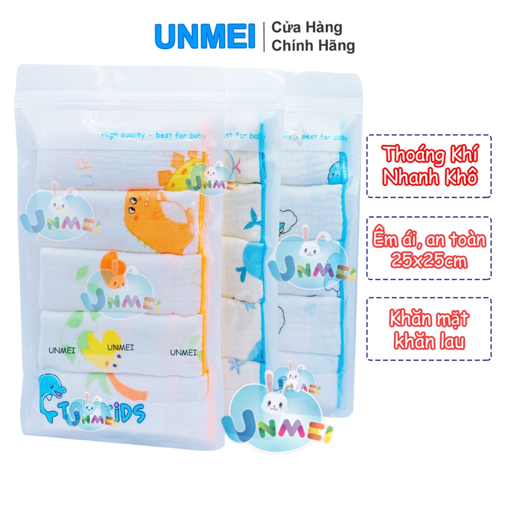 Set 5 Khăn Sữa, Khăn Xô Sữa Muslin TOP KIDS 4 lớp thấm hút,mềm mại dành cho sơ sinh (size 25x25cm)- tại UNMEI OFFICIAL