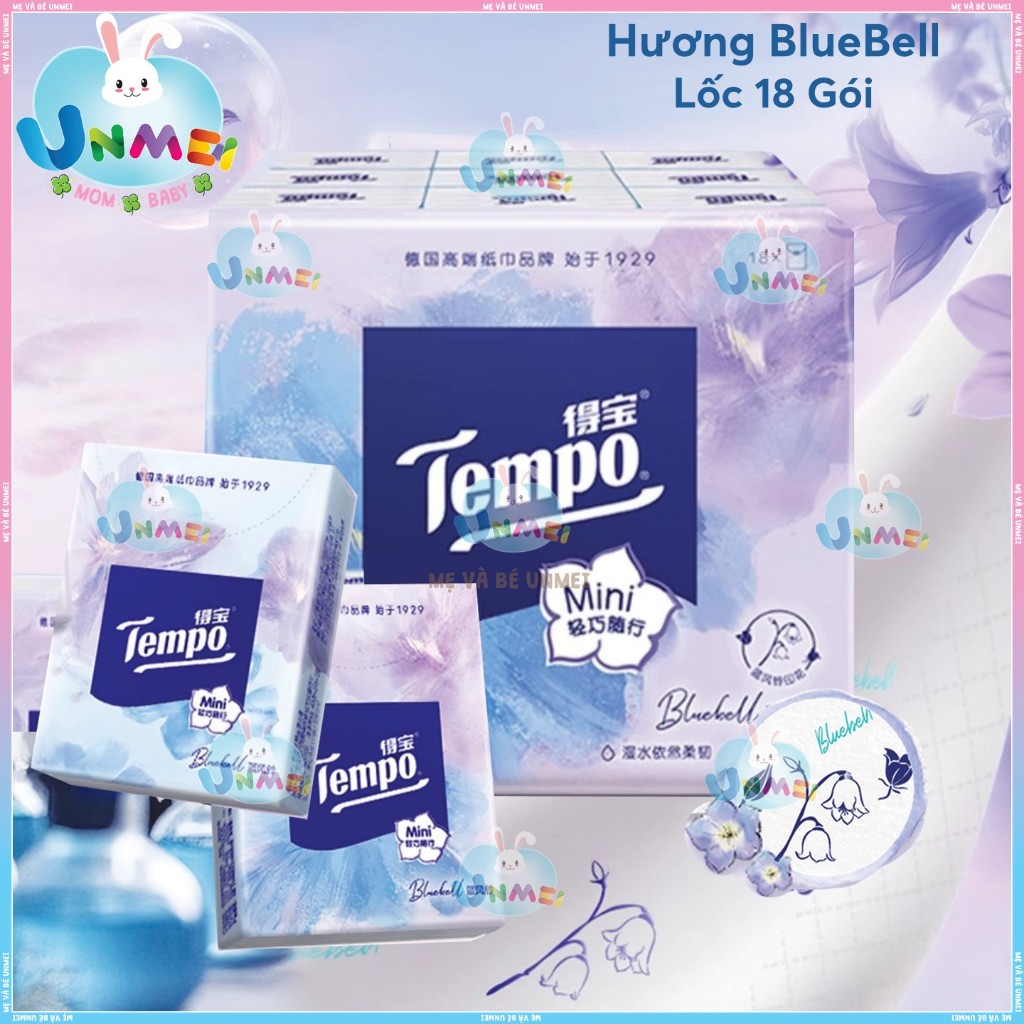 Tempo - Khăn Giấy bỏ túi Tempo Hương BlueBell (Lốc 18 Gói, 4 lớp, 7 khăn/gói) Mẹ và Bé Unmei