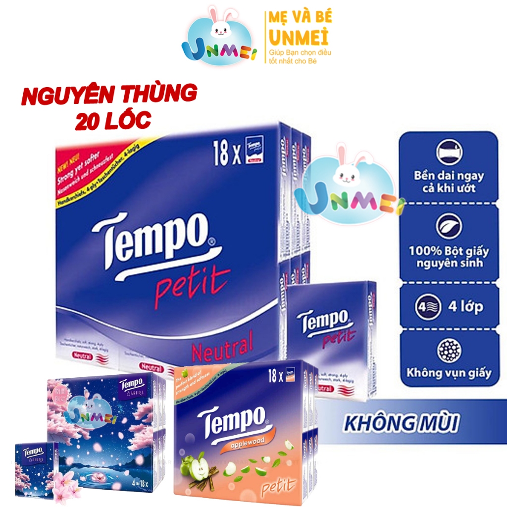 ( Nguyên Thùng 20 Lốc) Khăn Giấy Bỏ Túi Tempo Petit – 4 Lớp Cao Cấp, Kiểm Nghiệm Da Liễu, Lốc 18 Gói (7 Tờ/Gói)