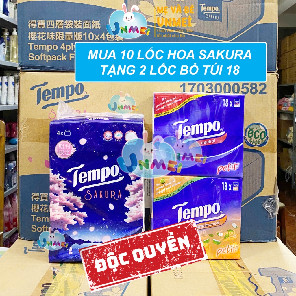 (ĐỘC QUYỀN NHÀ UNMEI) THÙNG 10 LỐC TEMPO (90 tờ x 4 gói)  HOA SAKURA Khăn Giấy Rút Cao Cấp Tempo - 4 Lớp Bền Dai, An To