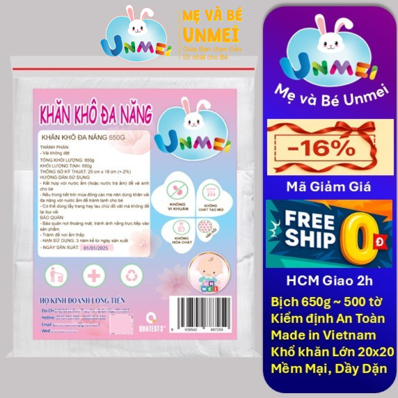 Bịch Lớn 650g, Unmei - Khăn Vải Khô Đa Năng Unmei~ 500 tờ,Khăn Tẩy Trang, Khăn Vải Không Dệt, Khăn Lau cho Bé