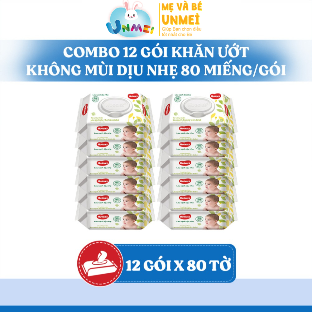 Thùng 12 gói khăn ướt Huggies Êm mềm (không mùi) cao cấp, sợi tự nhiên và dịu nhẹ cho bé (80 miếng/gói)