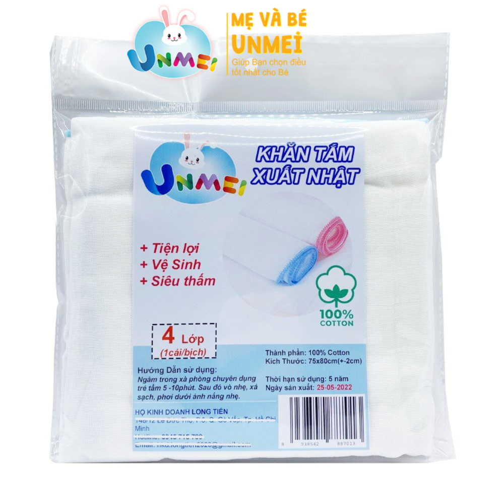 Khăn Tắm Xô, Khăn Tắm, Khăn Lau Bé Cao Cấp Xuất Nhật UNMEI 4 Lớp 75x80cm Cho Bé Từ Sơ Sinh Thương Hiệu Unmei