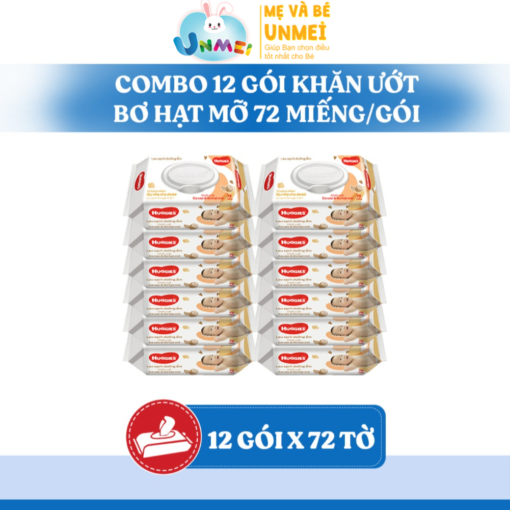 Thùng 12 gói khăn ướt Huggies Bơ hạt mỡ (dưỡng da) cao cấp, dày dặn, mềm mịn cho bé (72 miếng/gói)