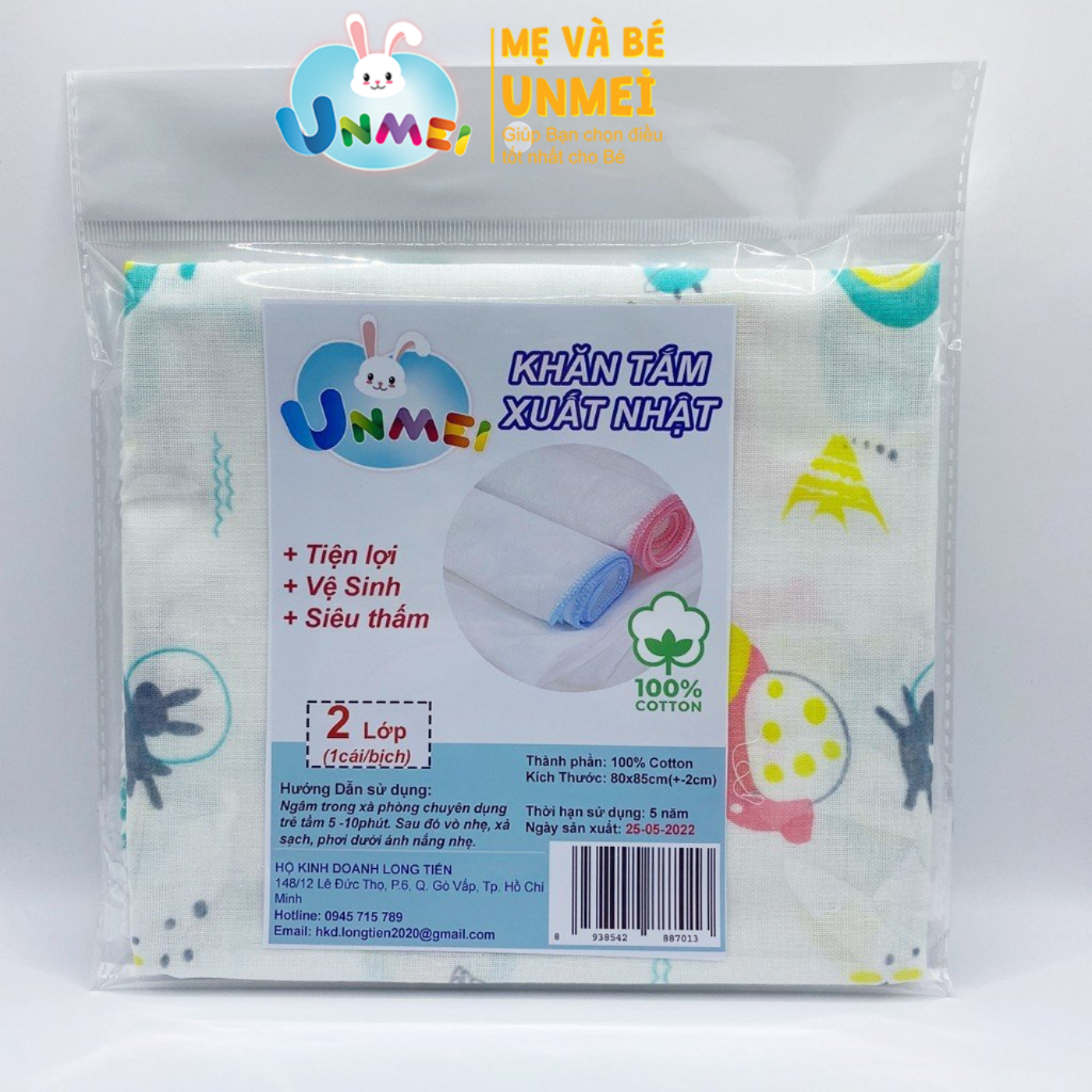 Khăn Tắm Xô, Khăn Quấn, Lau Người Cho Bé UNMEI 80x85cm Vải Xô 2 Lớp In Hình Thương Hiệu Unmei