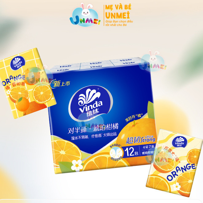 Khăn Giấy VINDA Bỏ Túi Hương Cam Nam Mỹ – Bộ 12 Gói Phiên Bản Xé Đôi Tiết Kiệm