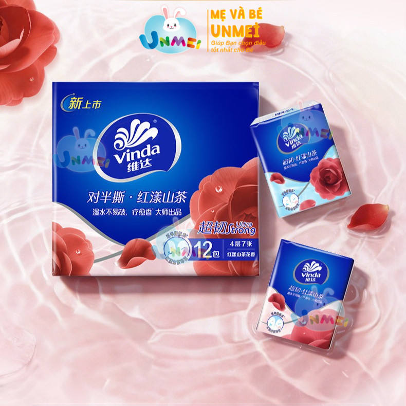 Khăn Giấy VINDA Bỏ Túi Hương Hoa Trà Đỏ – Bộ 12 Gói Phiên Bản Xé Đôi Tiết Kiệm