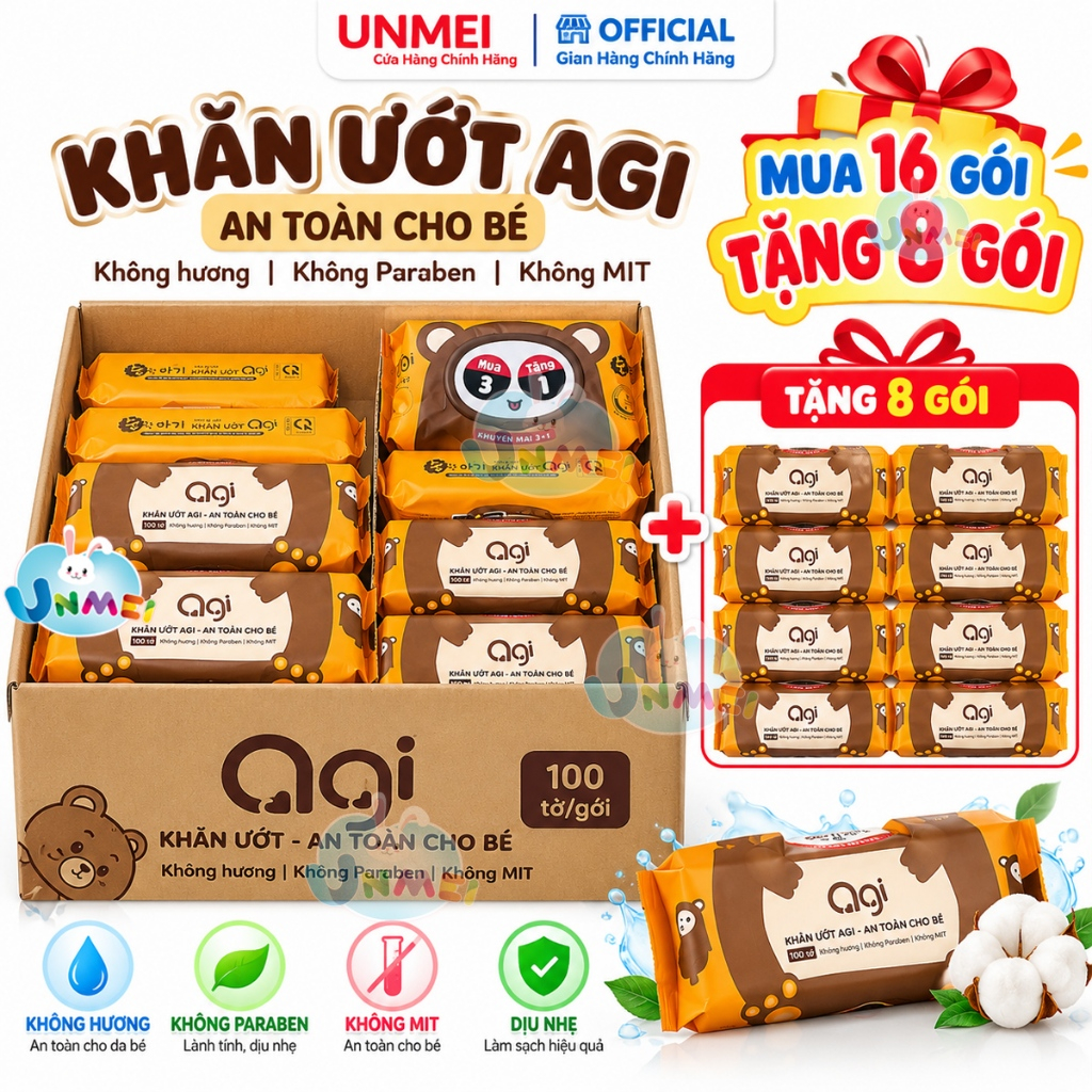 Thùng 24 Gói Khăn Ướt Agi Không Hương 100 tờ/gói , An Toàn Cho Da Em Bé - Giao Mẫu Ngẫu Nhiên